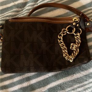 Michael Kors Brown Logo Wristlet with Gold Chain